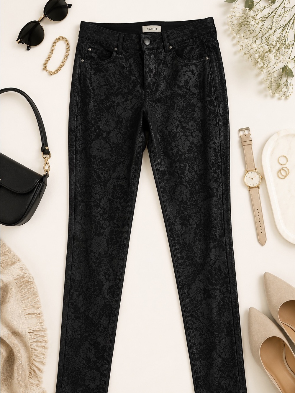 Caché Black Pants with lace overlay Size 12 Slim Leg